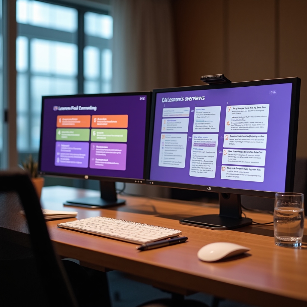 Organized workspace showing all five pillars of knowledge management displayed across multiple screens