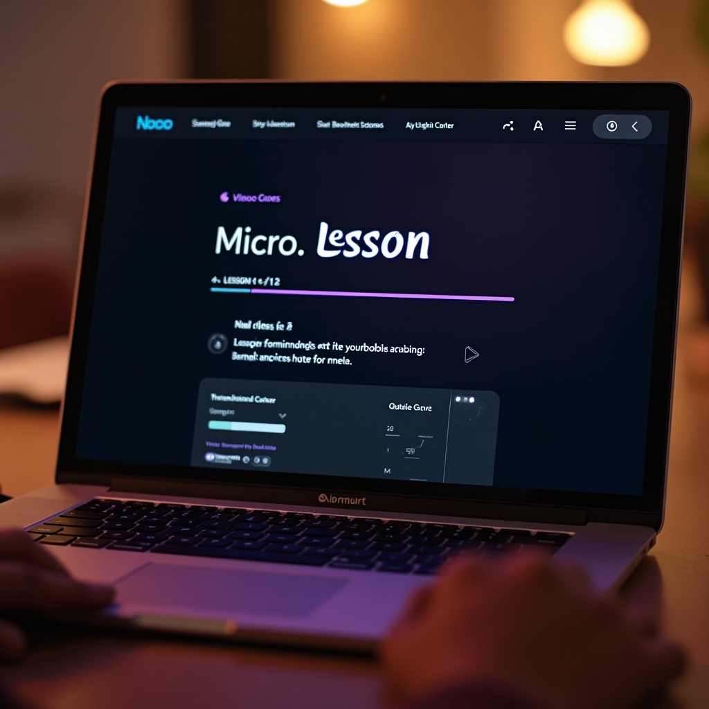 Close-up of a laptop screen showing a focused micro-lesson video with clean interface and progress indicator